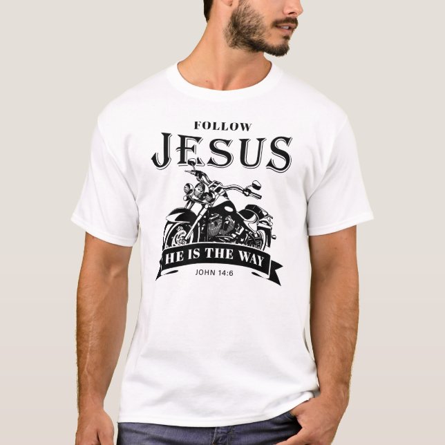 Camiseta Motocicleta Christian Biker John 14:6 Siga Jesus (Frente)