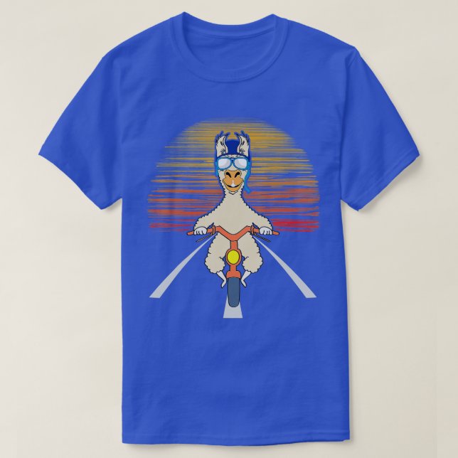 Camiseta Motocicleta Llama Dirigindo Motocicleta Sunset (Frente do Design)