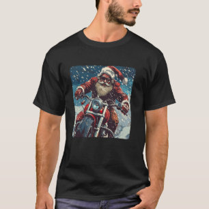 Camiseta Motocicleta Papai Noel com Neve Queda Festiva
