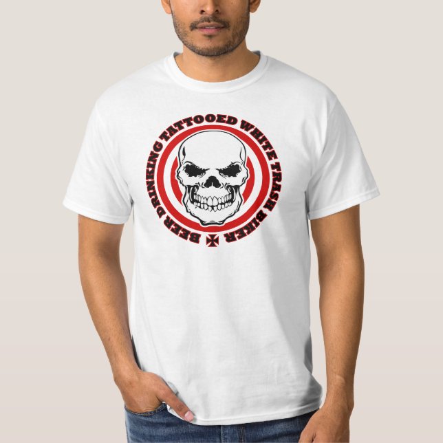 Camiseta Motociclista Tattooed bebendo do lixo branco da (Frente)