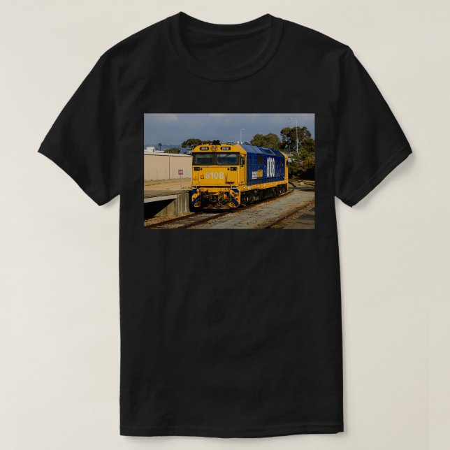 Camiseta Motor de locomotiva do comboio azul-amp amarelo 1 (Frente do Design)