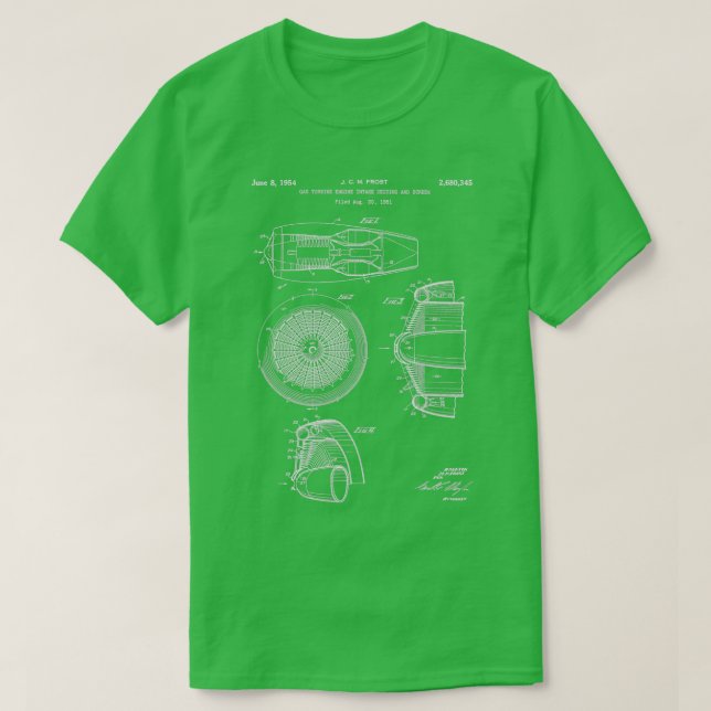 Camiseta Motor de turbina a gás branco com patente de 1954 (Frente do Design)