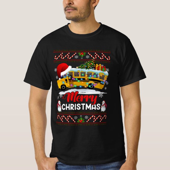 Camiseta Motorista de Ônibus Escolar Luzes de Natal Feliz X (Frente)