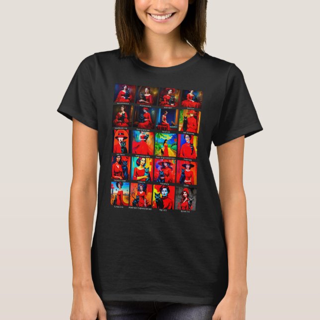 Camiseta Movimentos de Arte Preta de Vestido Vermelho (Frente)