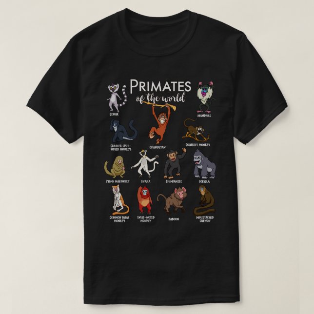 Camiseta Muitas espécies de macacos tipos de primatas (Frente do Design)