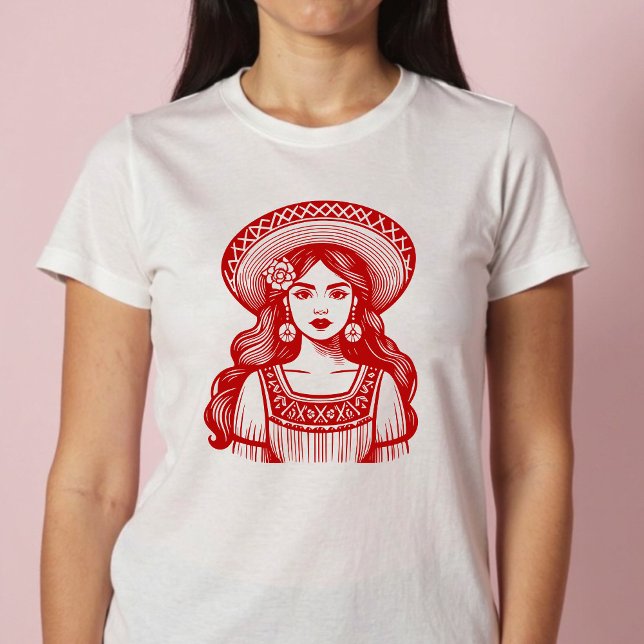 Camiseta Mujer Mexicana Mínima Arte da Linha Vermelha (Mujer Mexicana Minimal Red Line Art T-Shirt)