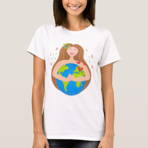 Camiseta Mulher abraçando o planeta Terra