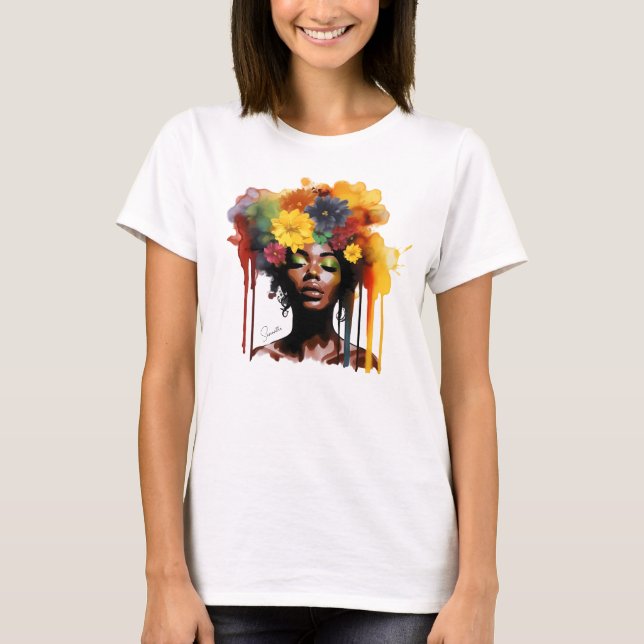 Camiseta Mulher afro-americana com cabelo afro floral (Frente)