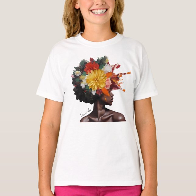 Camiseta Mulher Afro-Americana com Cabelo Afro Floral (2) (Frente)
