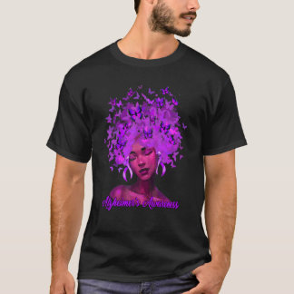 Camiseta Mulher Afro Negra Fita Roxa Alzheimer