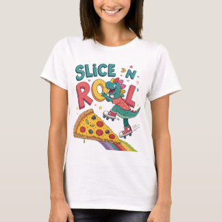 Camiseta mulher amante de pizza dinasour come