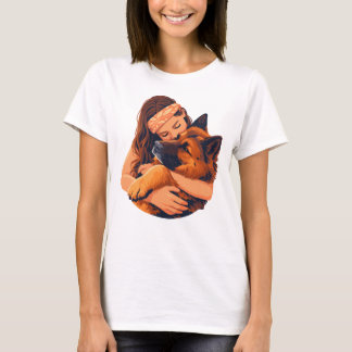 Camiseta Mulher Amorosa Abraçando Cachorro Pastor Alemão