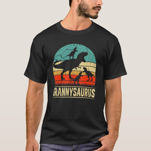 Camiseta Mulher Avó Dinossaur Rex Grannysaurus 3 Crianças F (Frente)