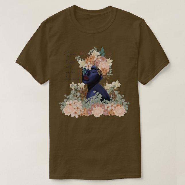 Camiseta Mulher azul com flores Viva a vida em cheio blo (Frente do Design)