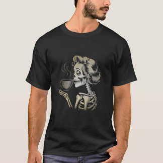 Camiseta Mulher Bebendo Skeleton Café Halloween Caffeine