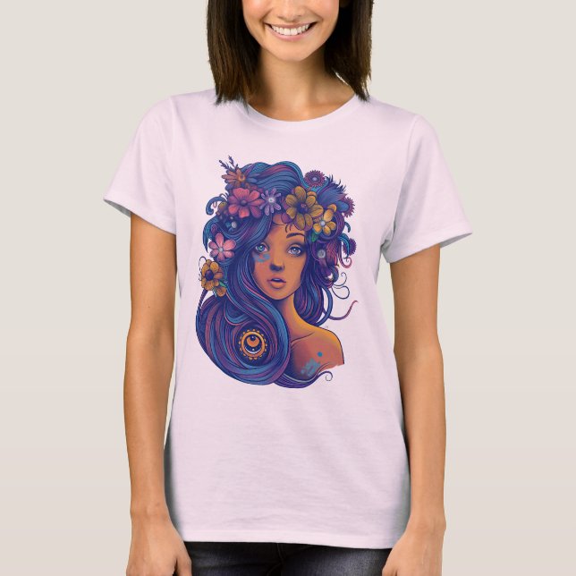Camiseta Mulher Boho Fantasy com Cabelo Floral (Frente)