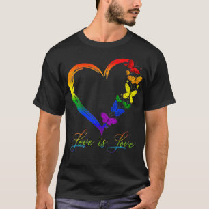 Camiseta Mulher Borboleta Coração Arco-Íris Amor É Amor LGB