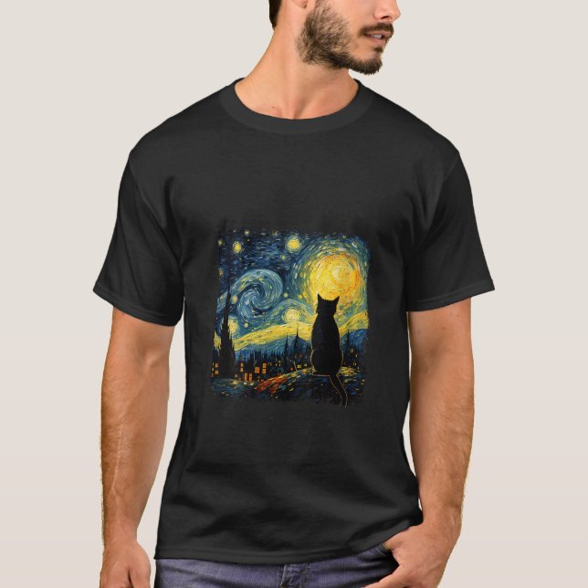 Camiseta Mulher Cat Starry Night Van Gogh Cat (Frente)