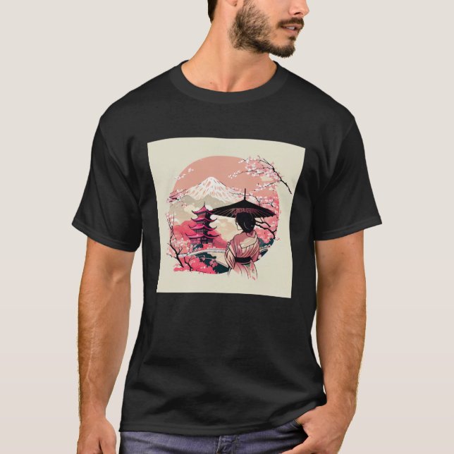 Camiseta Mulher clássica japonesa rosa com guarda-chuva Che (Frente)