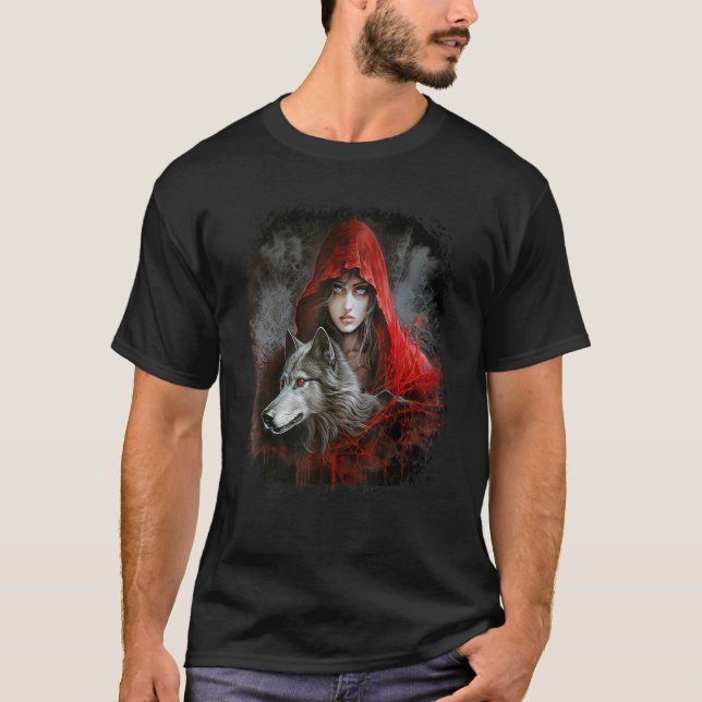Camiseta Mulher com Hood em vermelho e Cinza Wolf Fantasy P (Frente)