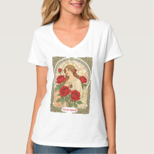 Camiseta Mulher Com Ilustração Romântica de Rosas