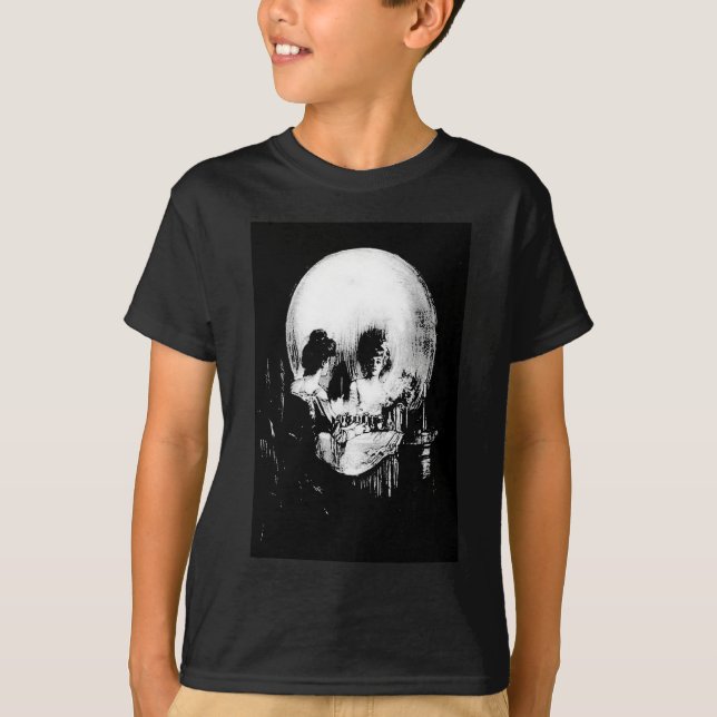 Camiseta Mulher com Reflexão do Crânio Halloween Espelhada (Frente)