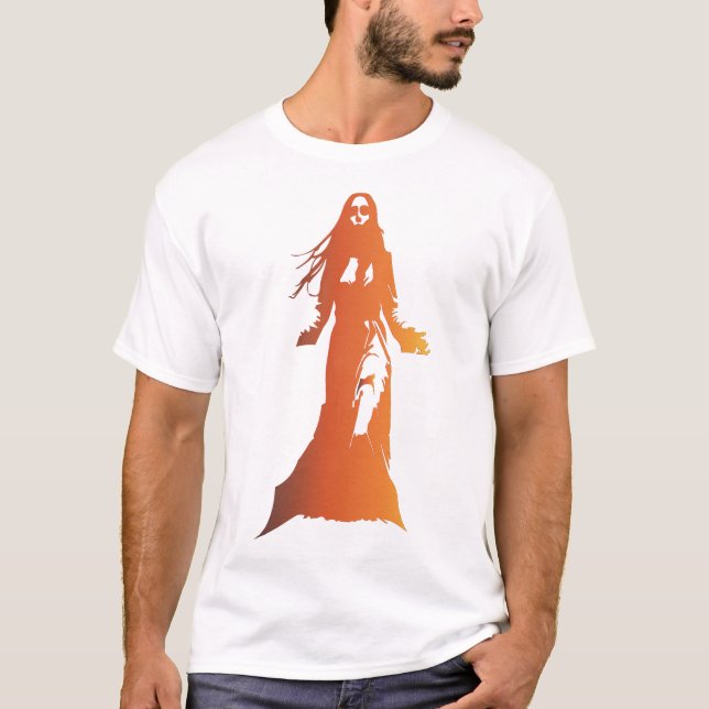 Camiseta mulher de cabelo longo numa silhueta de cor laranj (Frente)