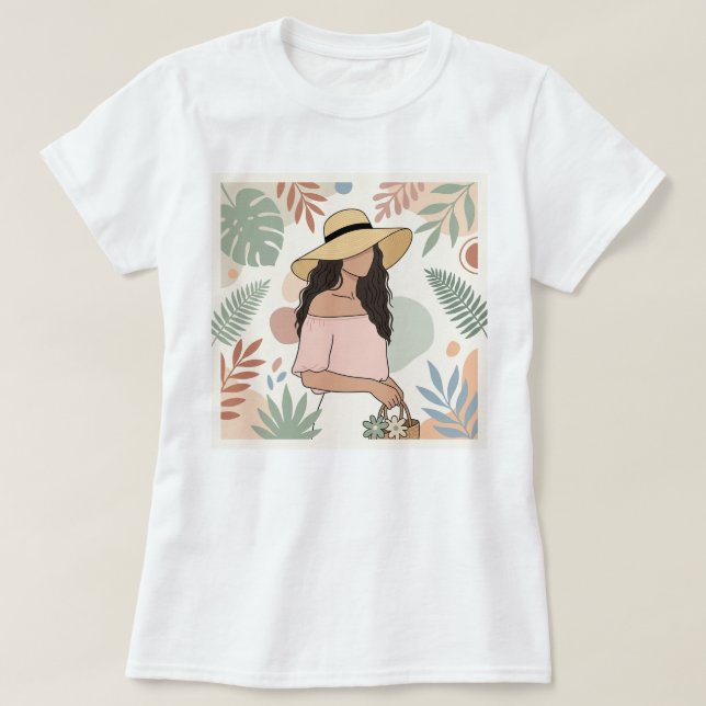 Camiseta Mulher de chapéu de palha com flores (Frente do Design)