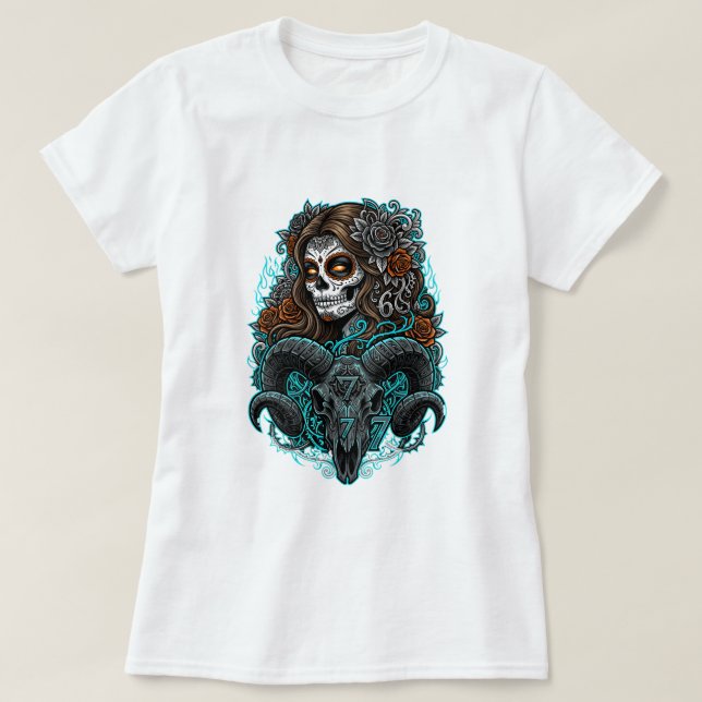 Camiseta Mulher de Crânio Açucarado Gótico e Cavei (Frente do Design)