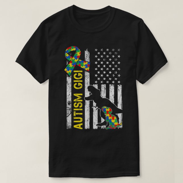 Camiseta Mulher desolada Dinossaur Autitic Gigi EUA Flag (Frente do Design)