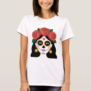 Camiseta Mulher do Dia dos Mortos Caveira de Açúcar com Ros