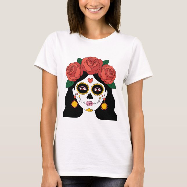 Camiseta Mulher do Dia dos Mortos Caveira de Açúcar com Ros (Frente)