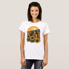 Camiseta Mulher e Labrador Chocolate em um Girassol Dourado