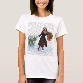 Camiseta Mulher Elegante com Chapéu de Papai Noel Puxando Á