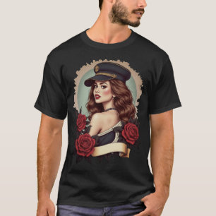 Camiseta Mulher Elegante com Chapéu Militar e Rosas – Surre