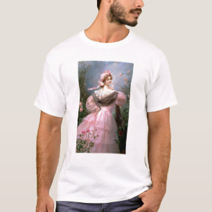 Camiseta Mulher elegante em um jardim de rosas