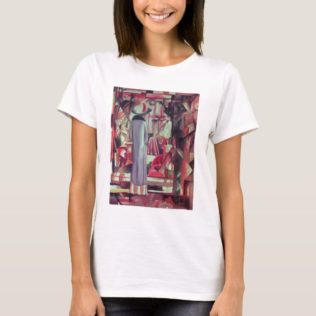 Camiseta Mulher em frente a uma grande janela iluminada (Frente)