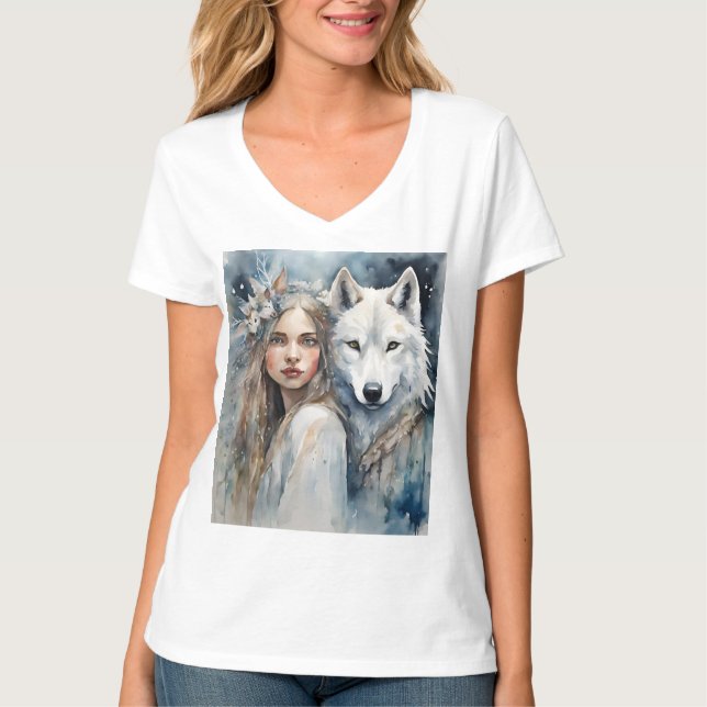 Camiseta Mulher eslava e Lobo branco (Frente)
