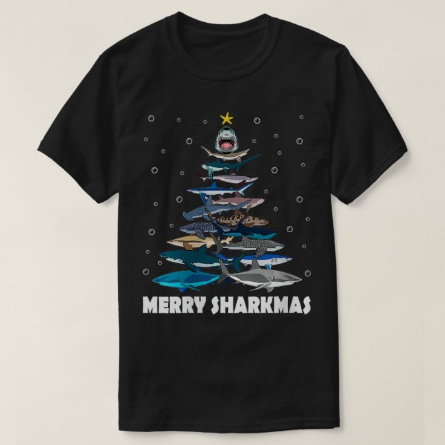 Camiseta Mulher Feliz Sharkmas Engraçado Árvore de Natal F (Frente do Design)