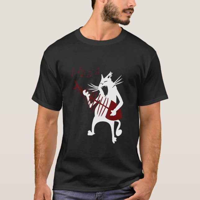 Camiseta Mulher Gato Jogando Peixe Bone Guitar Rock And Rol (Frente)
