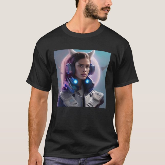 Camiseta Mulher Gato Ouve Lua Rosa Lua Lua Fantasia Espaço  (Frente)
