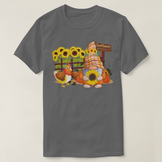 Camiseta Mulher Gnomo Bonito E Frango Girassol, Agricultor (Frente do Design)