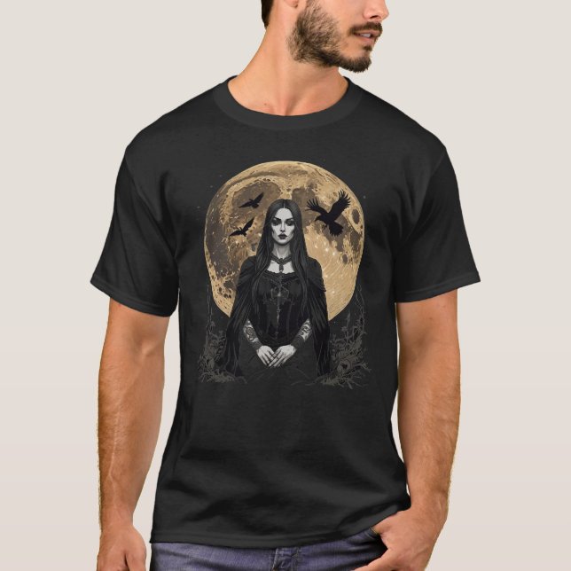 Camiseta mulher gótica e corvos sobre a lua (Frente)