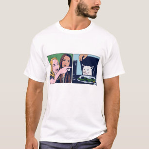 Camiseta Mulher gritando com meme de gato em estilo Pop art