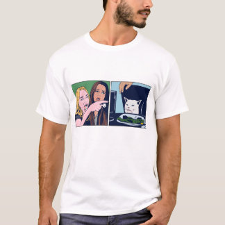 Camiseta Mulher gritando com meme de gato em estilo Pop art