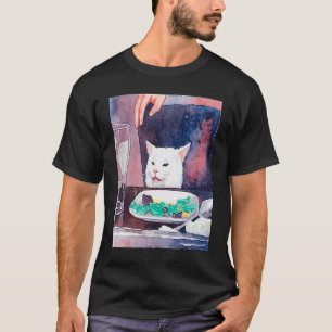 Camiseta Mulher gritando na mesa meme de gato jantar meme e