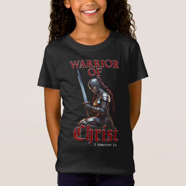 Camiseta Mulher Guerreira do Cristo 2 Timothy 2:3 Christian (Frente)