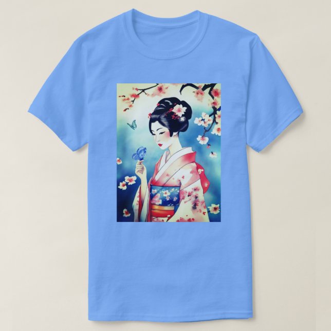 Camiseta Mulher japonesa com borboleta azul (Frente do Design)