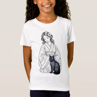 Camiseta Mulher Japonesa com Gato Preto