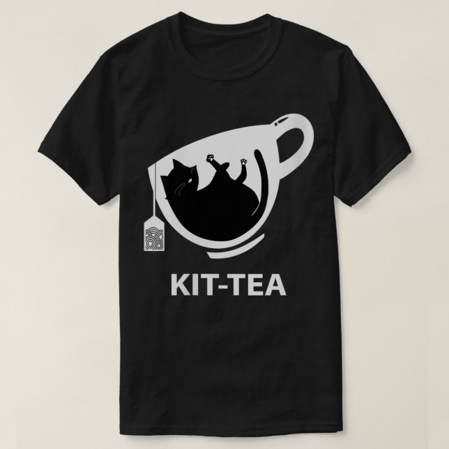 Camiseta Mulher KitTea Um gato preto giro com chá (Frente do Design)